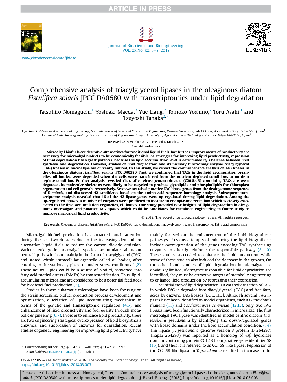Comprehensive analysis of triacylglycerol lipases in the oleaginous diatom Fistulifera solaris JPCC DA0580 with transcriptomics under lipid degradation
