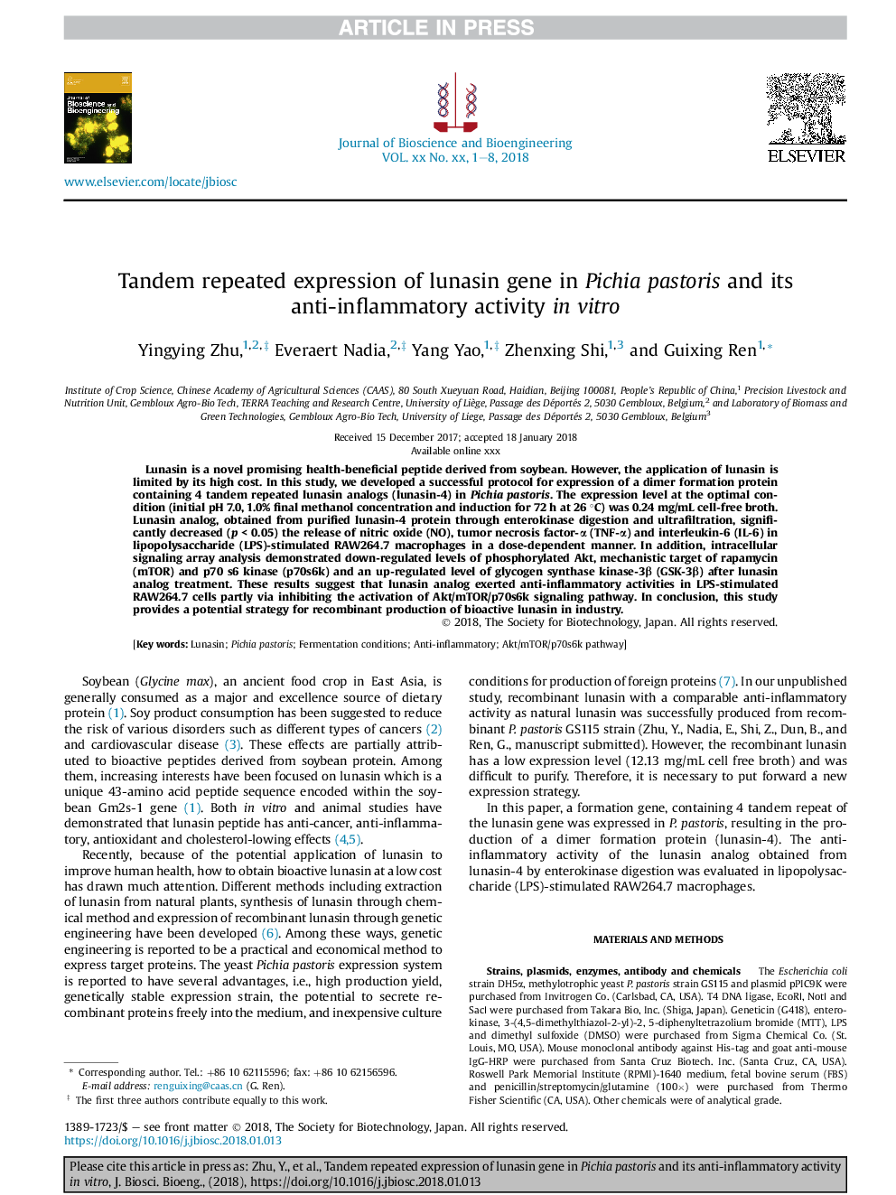 Tandem repeated expression of lunasin gene in Pichia pastoris and its anti-inflammatory activity inÂ vitro