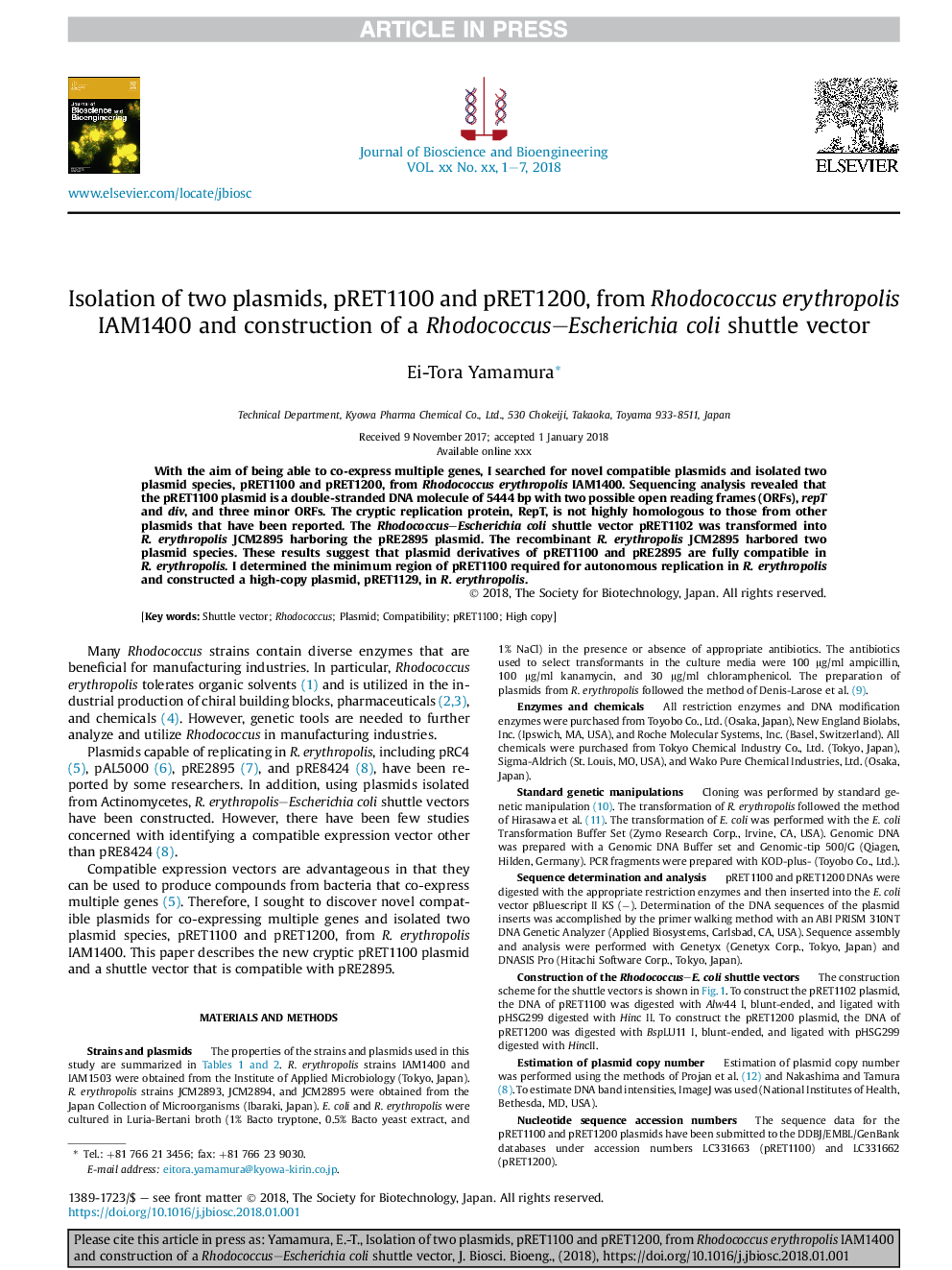 Isolation of two plasmids, pRET1100 and pRET1200, from Rhodococcus erythropolis IAM1400 and construction of a Rhodococcus-Escherichia coli shuttle vector