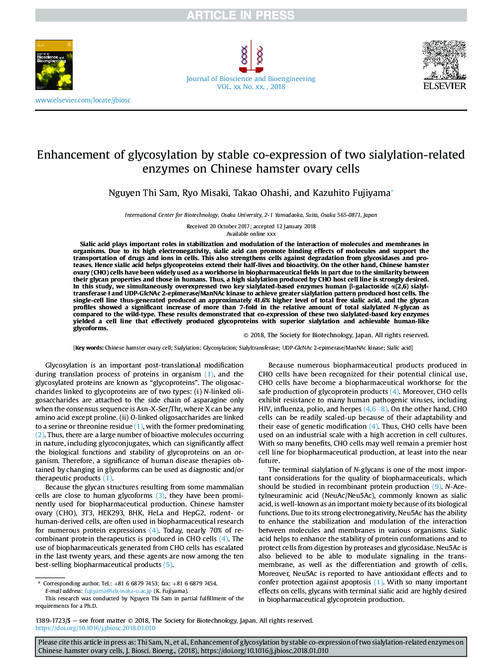 Enhancement of glycosylation by stable co-expression of two sialylation-related enzymes on Chinese hamster ovary cells