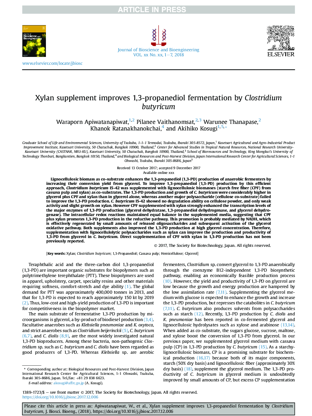 Xylan supplement improves 1,3-propanediol fermentation by Clostridium butyricum