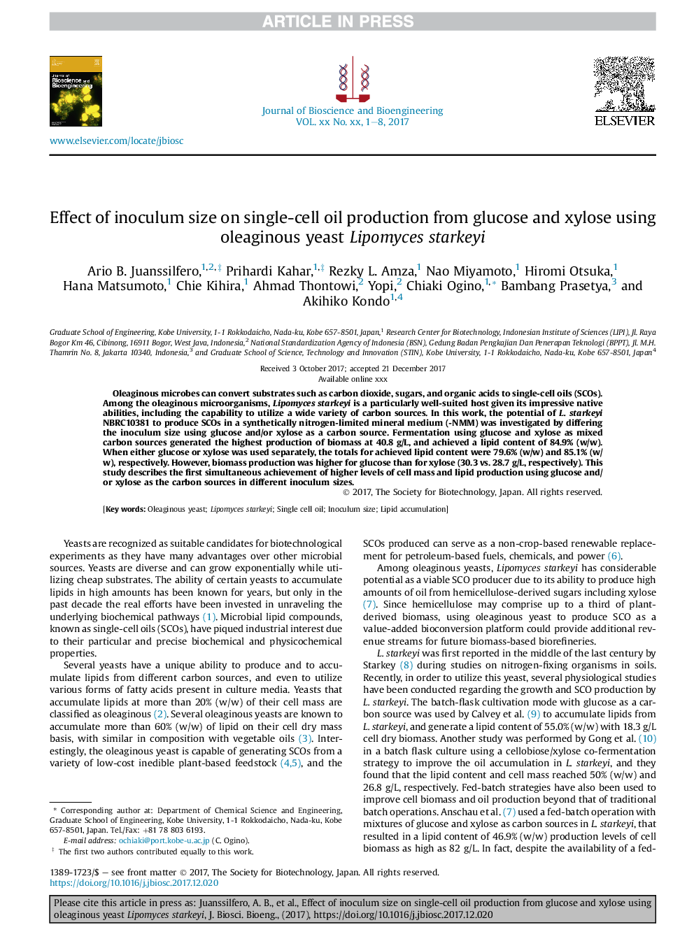 Effect of inoculum size on single-cell oil production from glucose and xylose using oleaginous yeast Lipomyces starkeyi