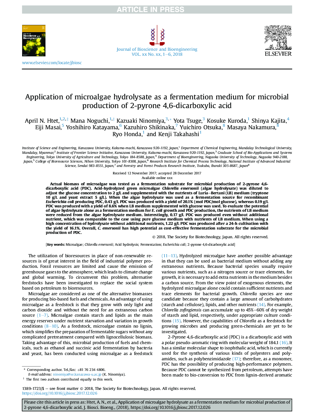 Application of microalgae hydrolysate as a fermentation medium for microbial production of 2-pyrone 4,6-dicarboxylic acid