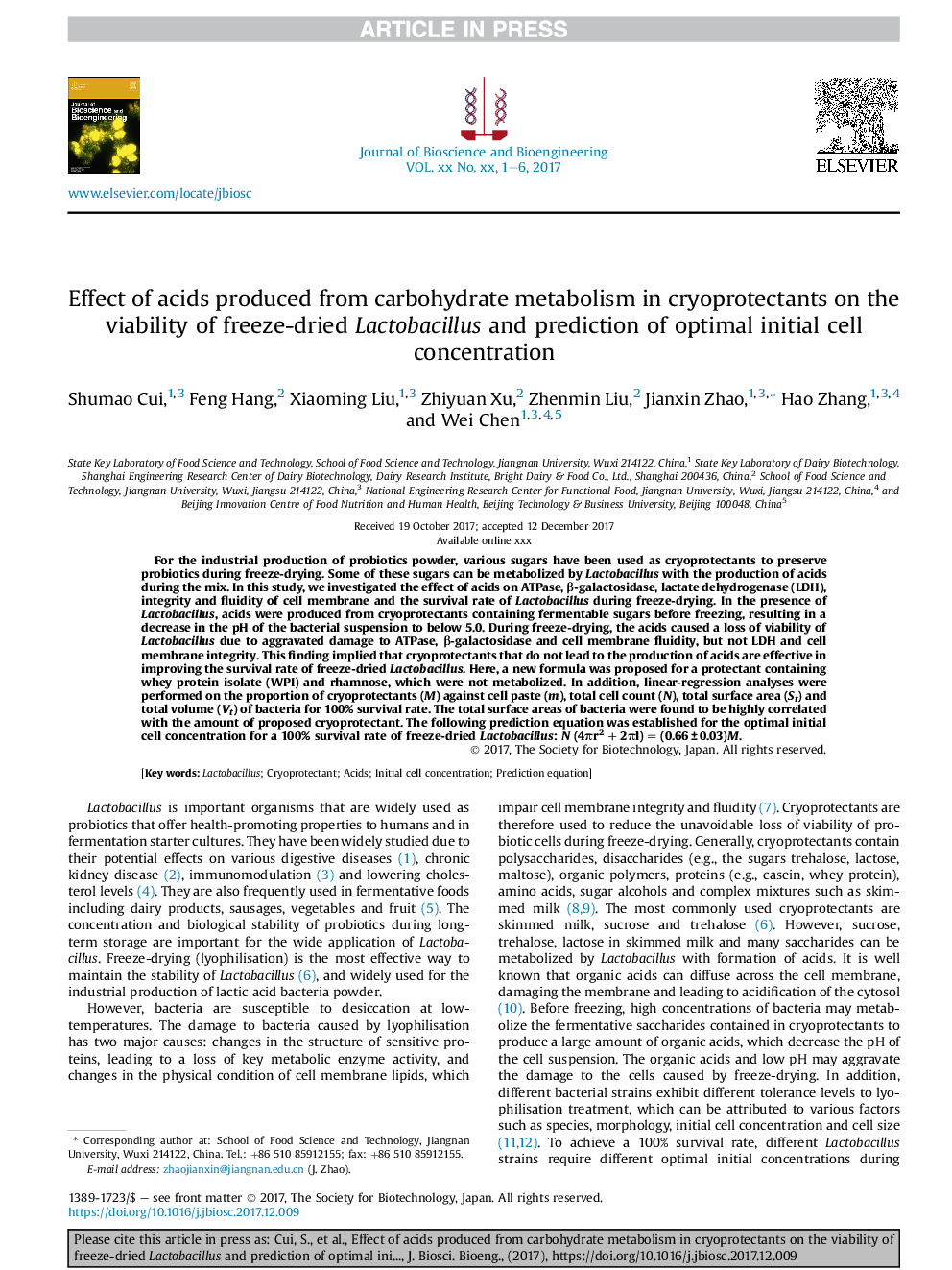 Effect of acids produced from carbohydrate metabolism in cryoprotectants on the viability of freeze-dried Lactobacillus and prediction of optimal initial cell concentration