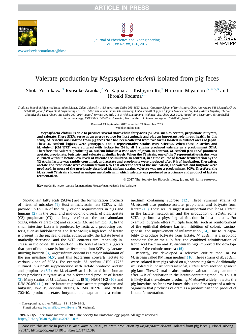 Valerate production by Megasphaera elsdenii isolated from pig feces