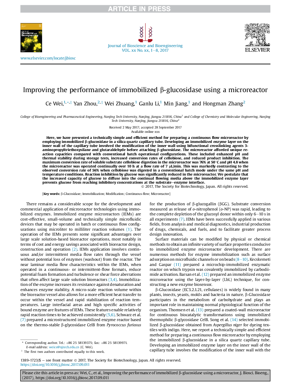 Improving the performance of immobilized Î²-glucosidase using a microreactor