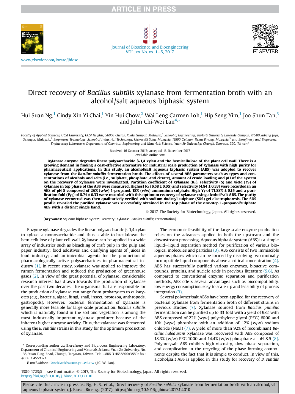 Direct recovery of Bacillus subtilis xylanase from fermentation broth with an alcohol/salt aqueous biphasic system