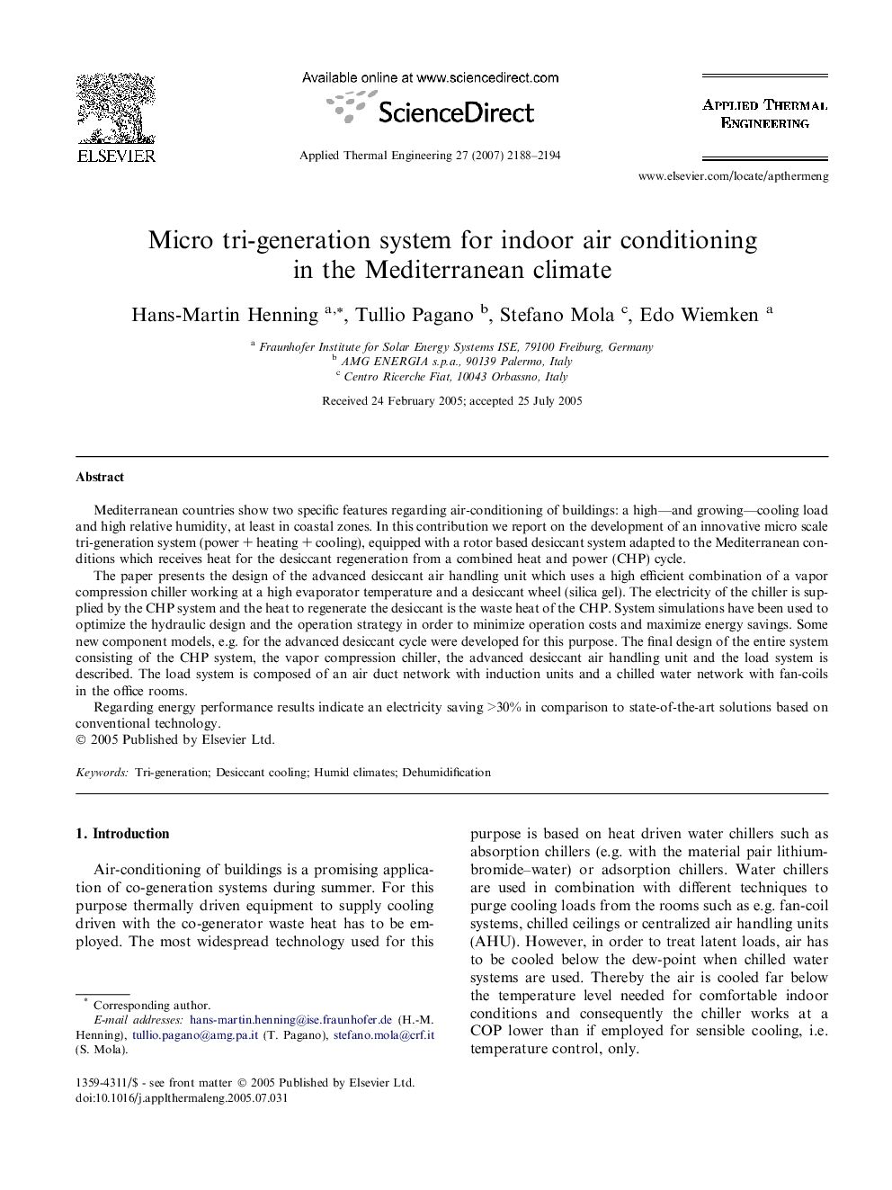 Micro tri-generation system for indoor air conditioning in the Mediterranean climate