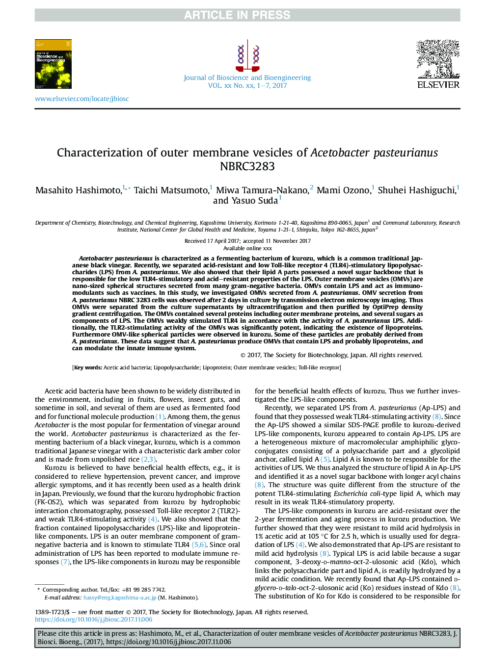 Characterization of outer membrane vesicles of Acetobacter pasteurianus NBRC3283