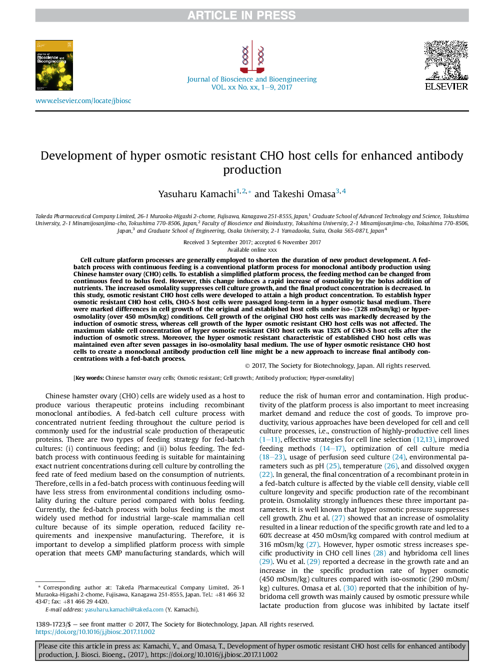 Development of hyper osmotic resistant CHO host cells for enhanced antibody production