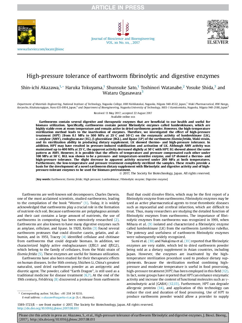 High-pressure tolerance of earthworm fibrinolytic and digestive enzymes