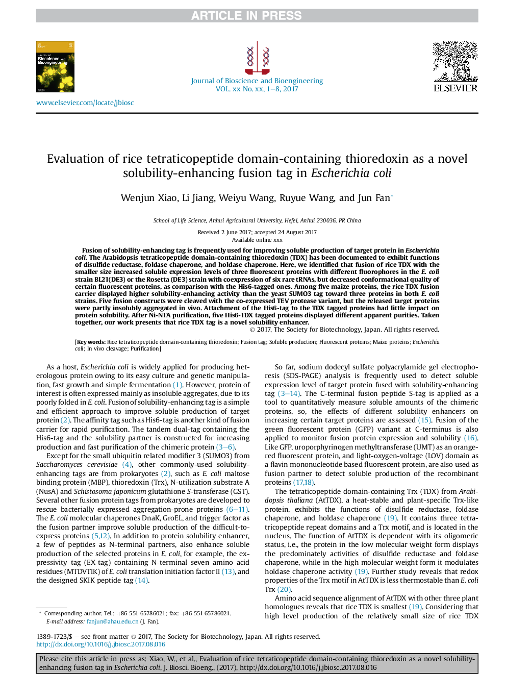 Evaluation of rice tetraticopeptide domain-containing thioredoxin as a novel solubility-enhancing fusion tag in Escherichia coli