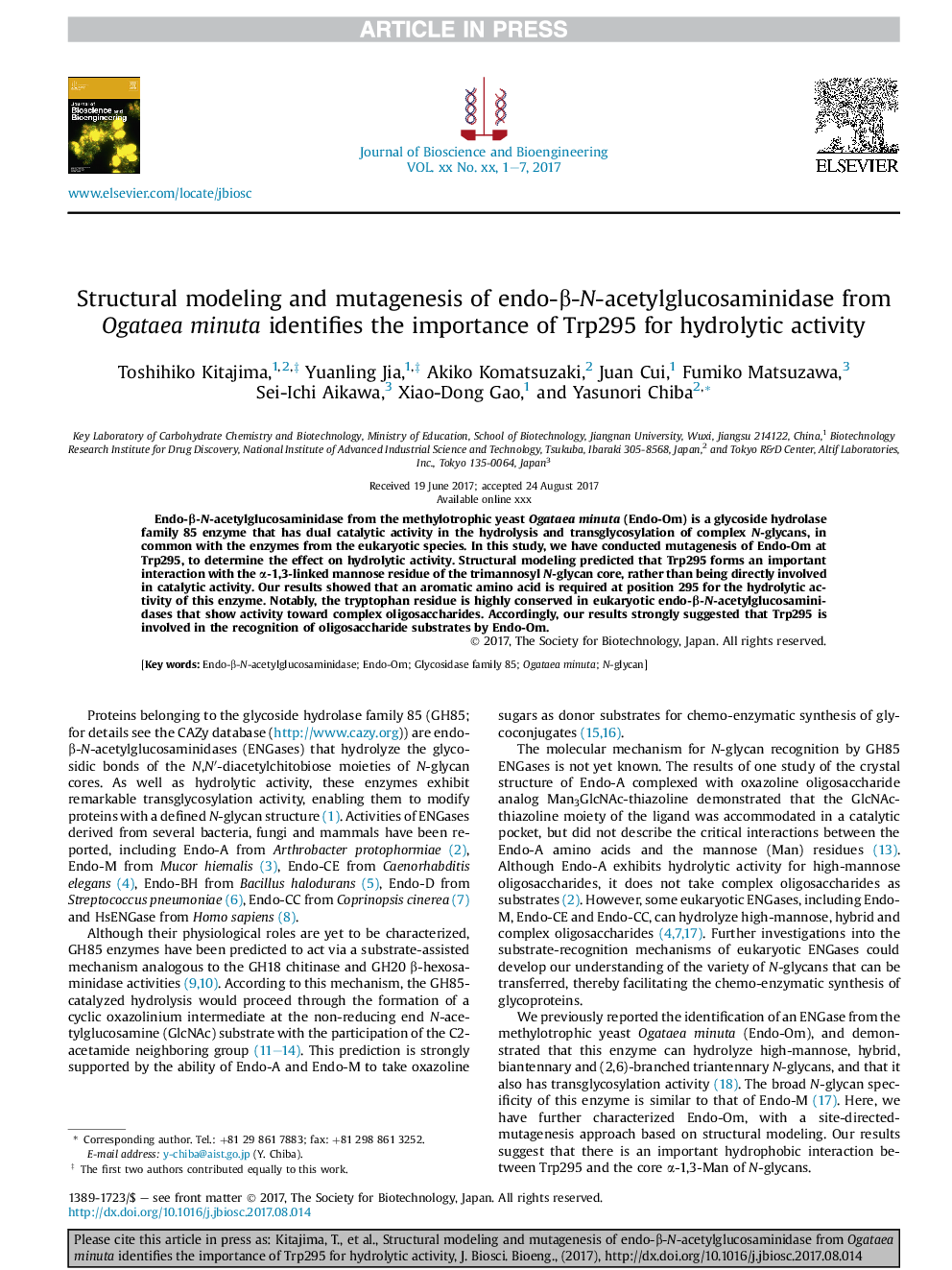 Structural modeling and mutagenesis of endo-Î²-N-acetylglucosaminidase from Ogataea minuta identifies the importance of Trp295 for hydrolytic activity