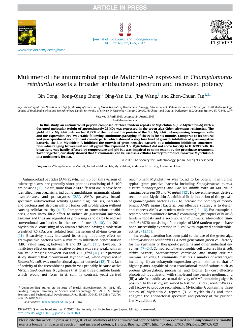 Multimer of the antimicrobial peptide Mytichitin-A expressed in Chlamydomonas reinhardtii exerts a broader antibacterial spectrum and increased potency