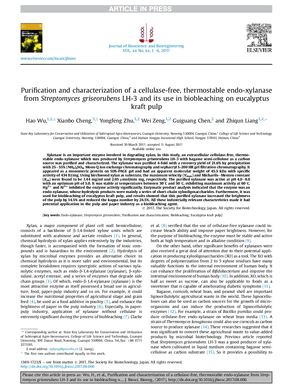 Purification and characterization of a cellulase-free, thermostable endo-xylanase from Streptomyces griseorubens LH-3 and its use in biobleaching on eucalyptus kraft pulp