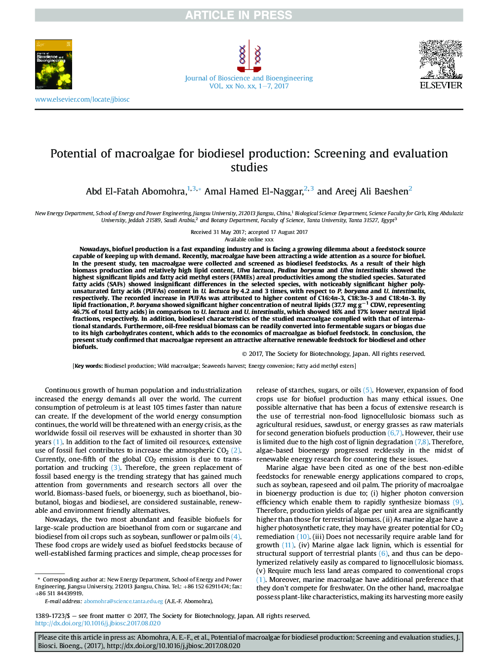 Potential of macroalgae for biodiesel production: Screening and evaluation studies