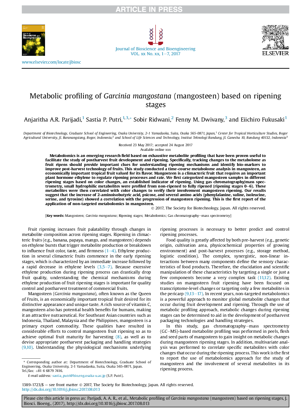 Metabolic profiling of Garcinia mangostana (mangosteen) based on ripening stages