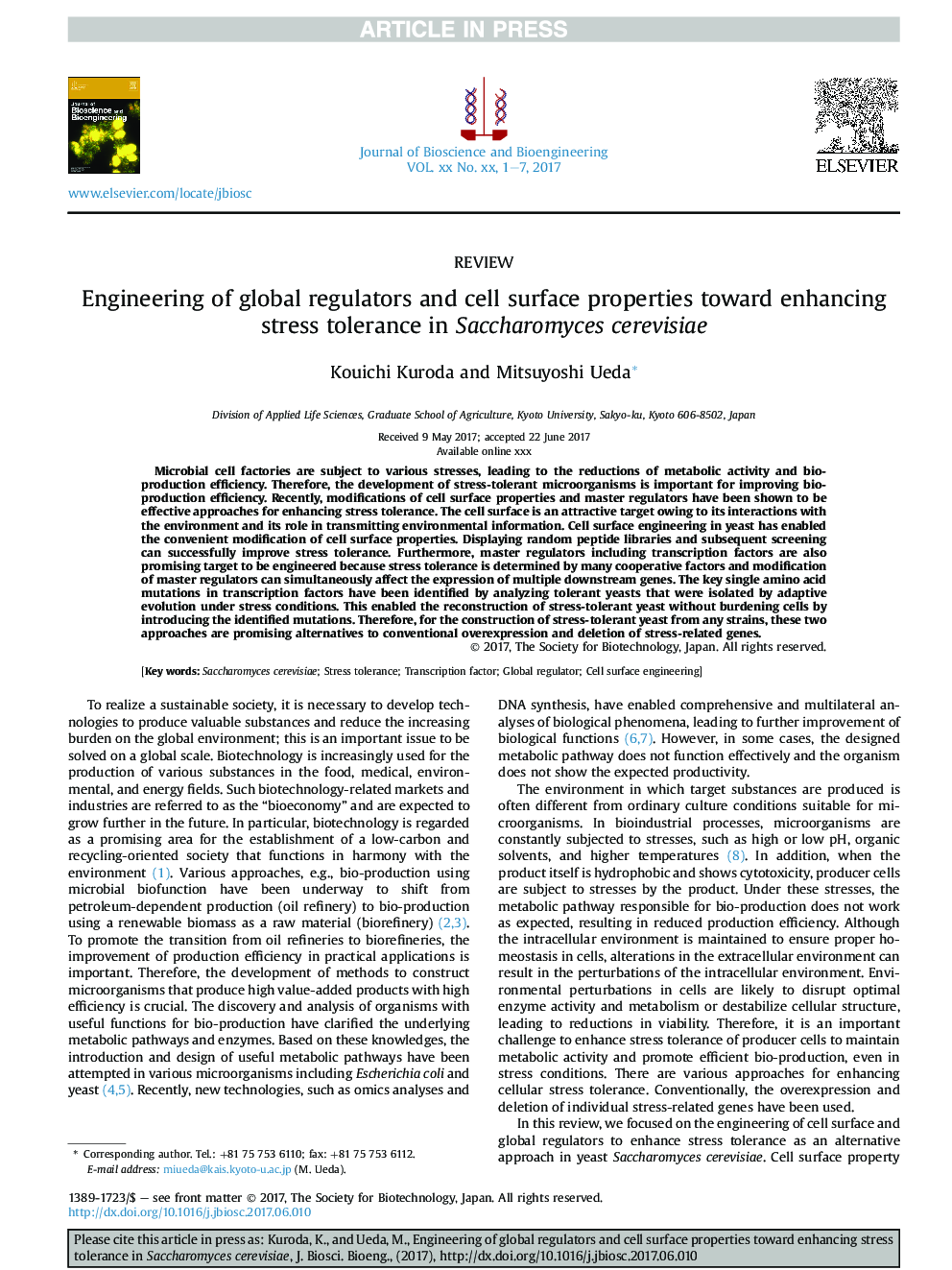 Engineering of global regulators and cell surface properties toward enhancing stress tolerance in Saccharomyces cerevisiae