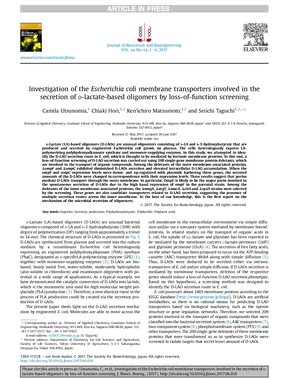 Investigation of the Escherichia coli membrane transporters involved in the secretion of d-lactate-based oligomers by loss-of-function screening