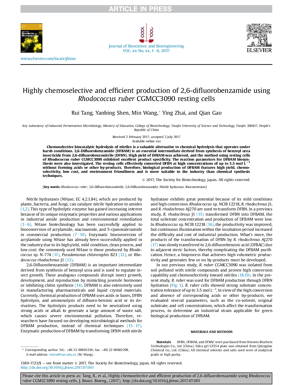 Highly chemoselective and efficient production of 2,6-difluorobenzamide using Rhodococcus ruber CGMCC3090 resting cells