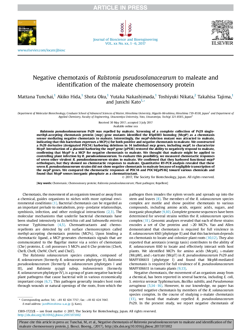 Negative chemotaxis of Ralstonia pseudosolanacearum to maleate and identification of the maleate chemosensory protein