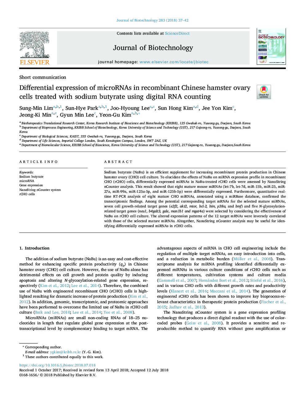 Differential expression of microRNAs in recombinant Chinese hamster ovary cells treated with sodium butyrate using digital RNA counting