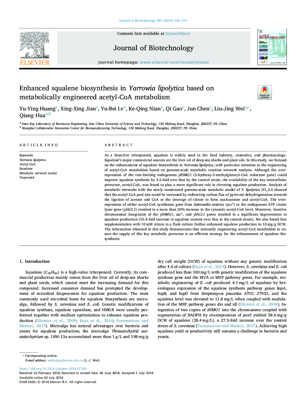 Enhanced squalene biosynthesis in Yarrowia lipolytica based on metabolically engineered acetyl-CoA metabolism