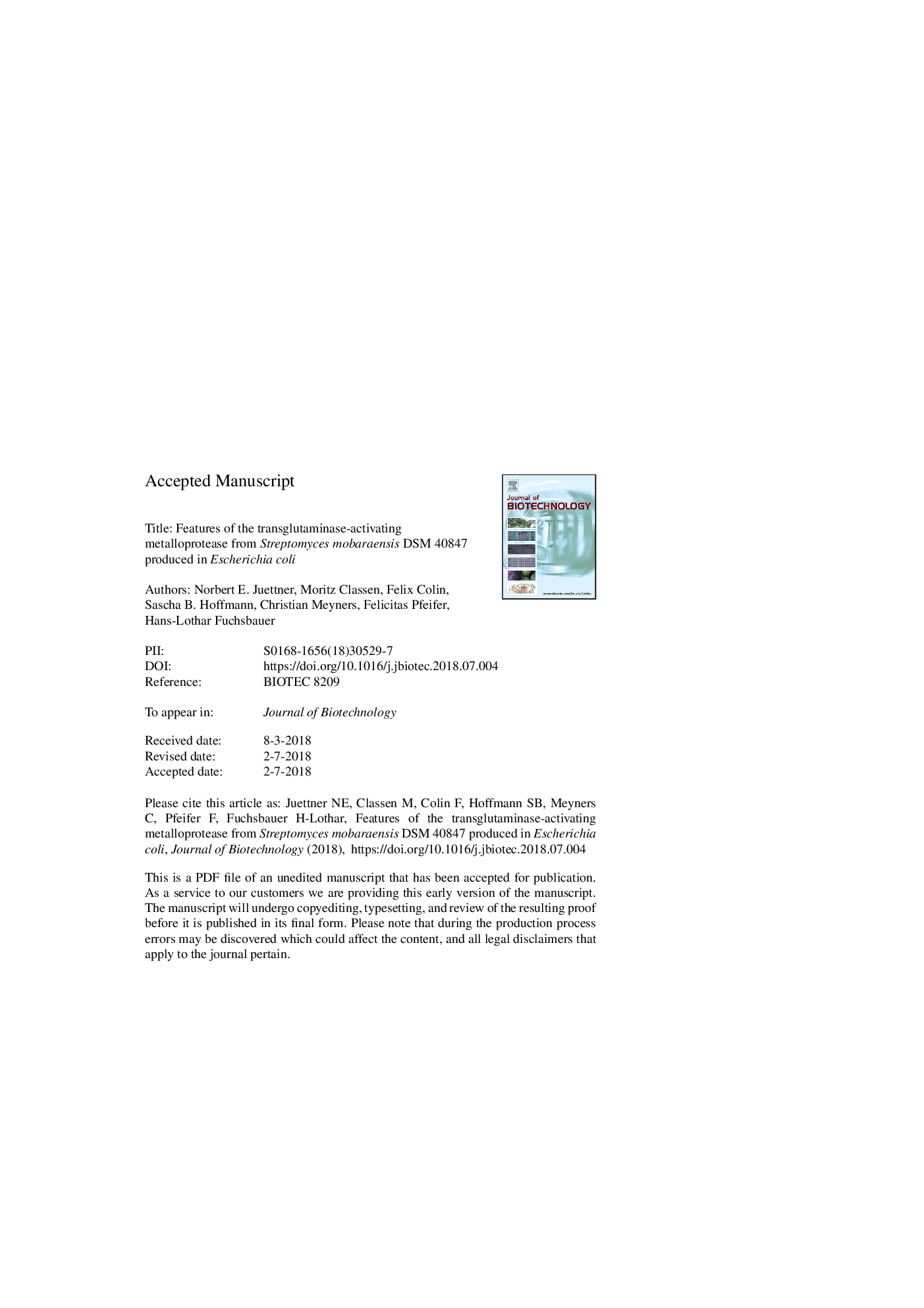 Features of the transglutaminase-activating metalloprotease from Streptomyces mobaraensis DSM 40847 produced in Escherichia coli