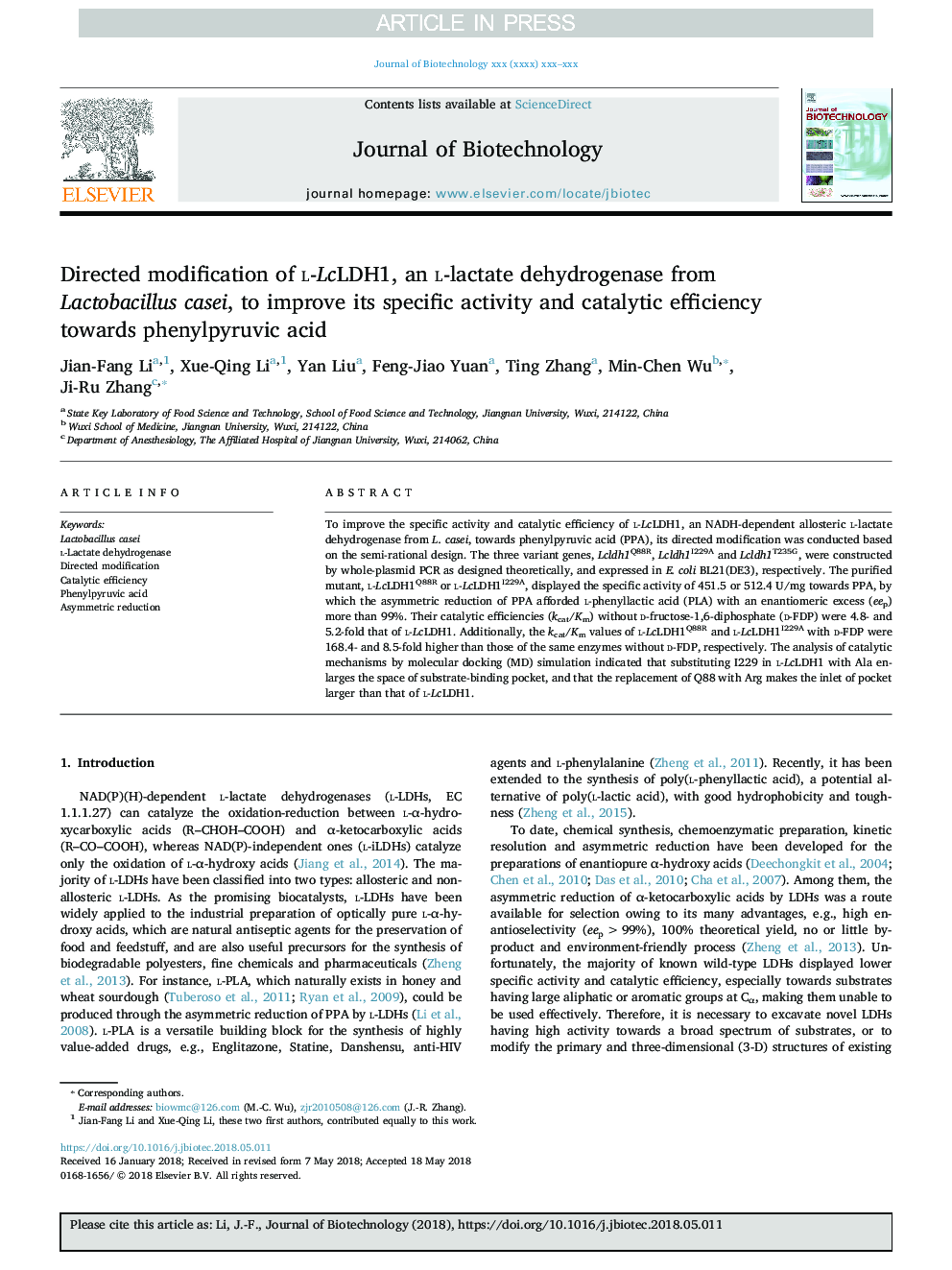 Directed modification of l-LcLDH1, an l-lactate dehydrogenase from Lactobacillus casei, to improve its specific activity and catalytic efficiency towards phenylpyruvic acid