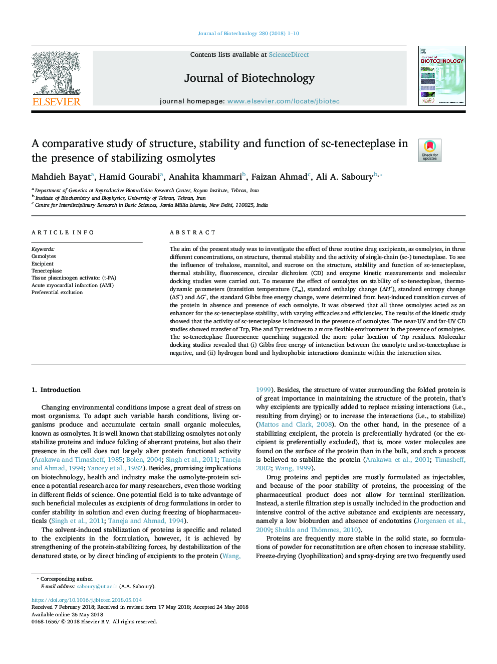 A comparative study of structure, stability and function of sc-tenecteplase in the presence of stabilizing osmolytes