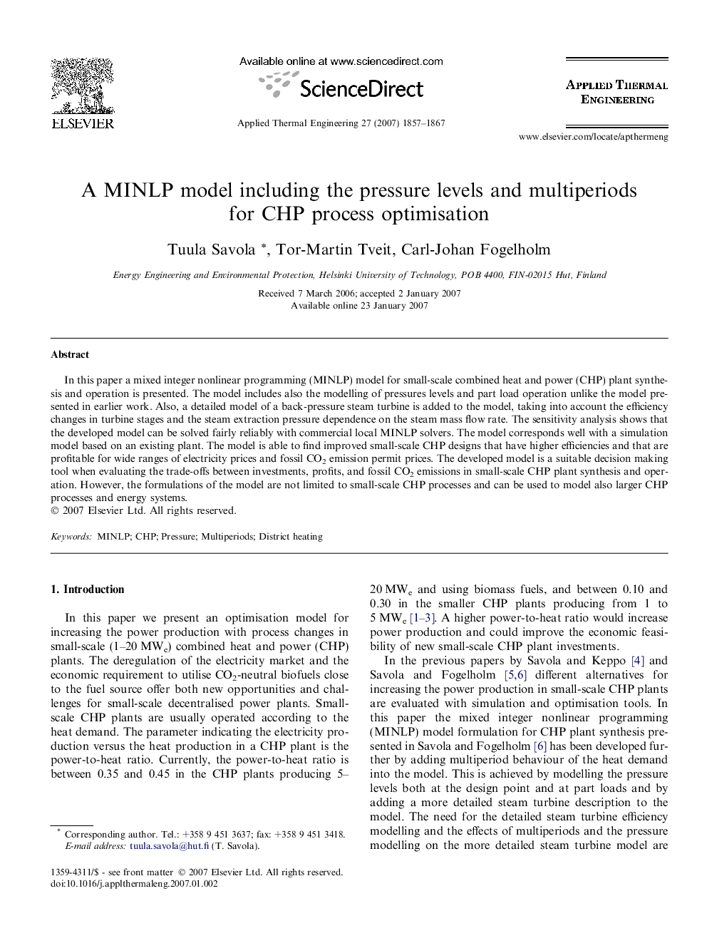 A MINLP model including the pressure levels and multiperiods for CHP process optimisation