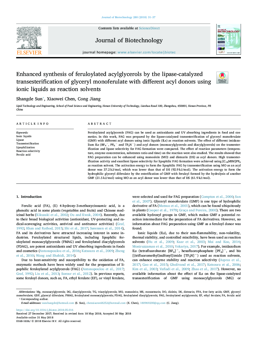 Enhanced synthesis of feruloylated acylglycerols by the lipase-catalyzed transesterification of glyceryl monoferulate with different acyl donors using ionic liquids as reaction solvents