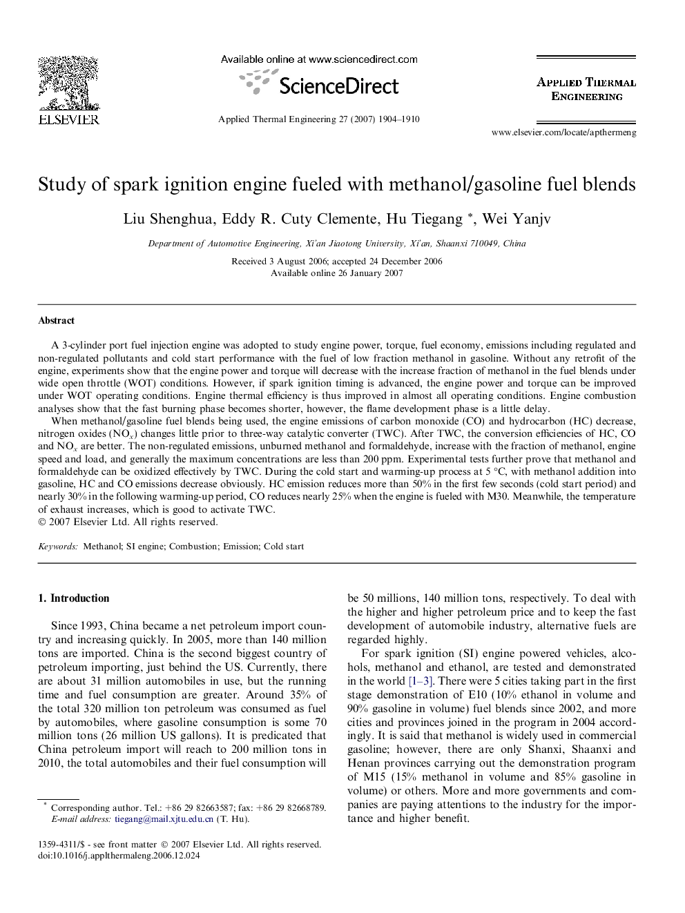 Study of spark ignition engine fueled with methanol/gasoline fuel blends