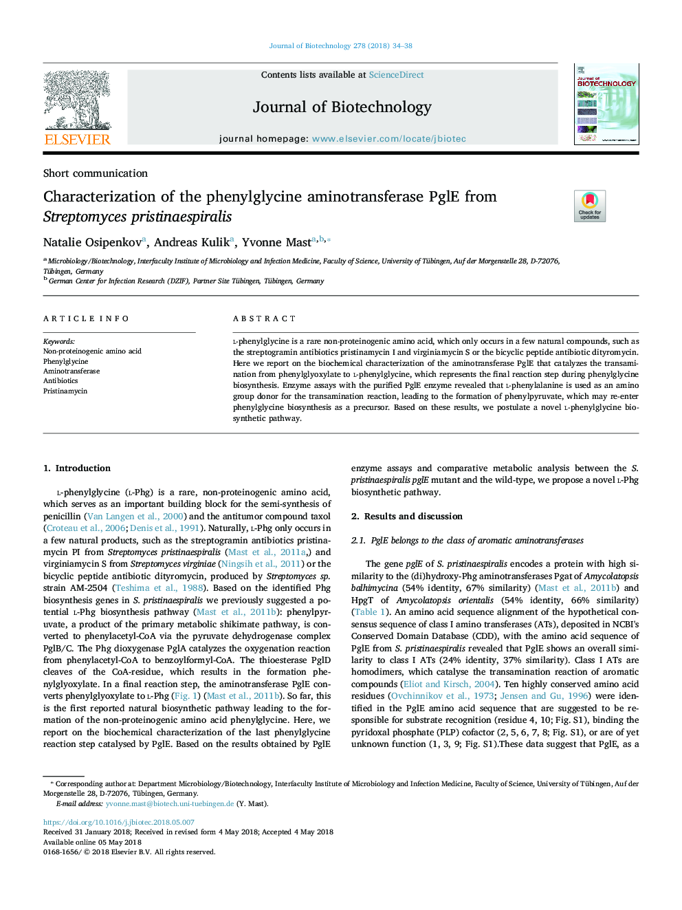 Characterization of the phenylglycine aminotransferase PglE from Streptomyces pristinaespiralis