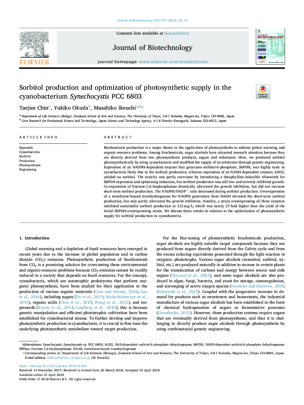 Sorbitol production and optimization of photosynthetic supply in the cyanobacterium Synechocystis PCC 6803