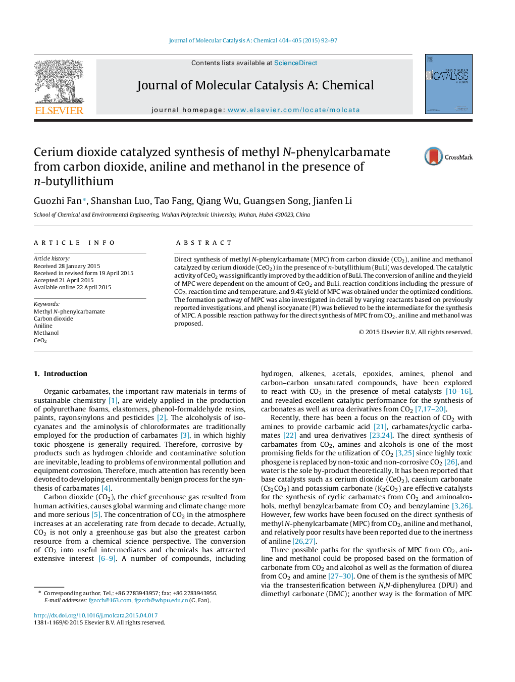 Cerium dioxide catalyzed synthesis of methyl N-phenylcarbamate from carbon dioxide, aniline and methanol in the presence of n-butyllithium