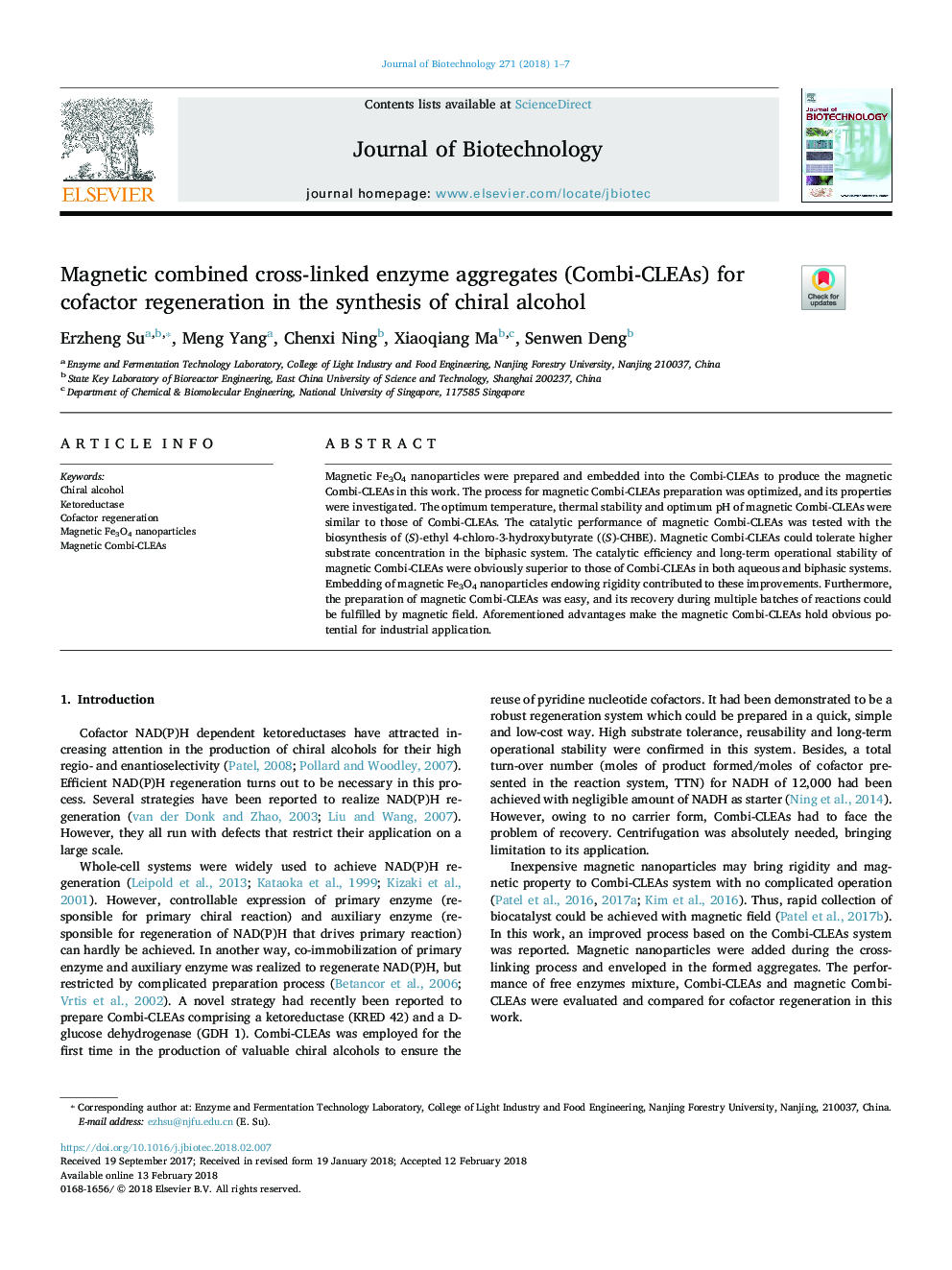 Magnetic combined cross-linked enzyme aggregates (Combi-CLEAs) for cofactor regeneration in the synthesis of chiral alcohol