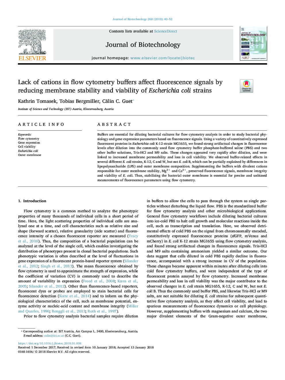 Lack of cations in flow cytometry buffers affect fluorescence signals by reducing membrane stability and viability of Escherichia coli strains