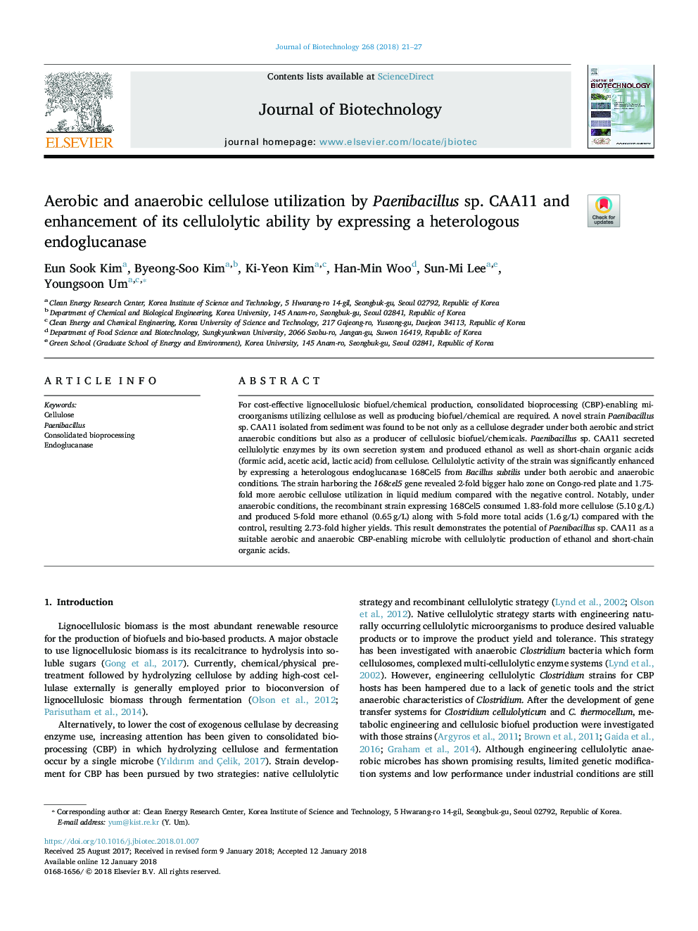 Aerobic and anaerobic cellulose utilization by Paenibacillus sp. CAA11 and enhancement of its cellulolytic ability by expressing a heterologous endoglucanase