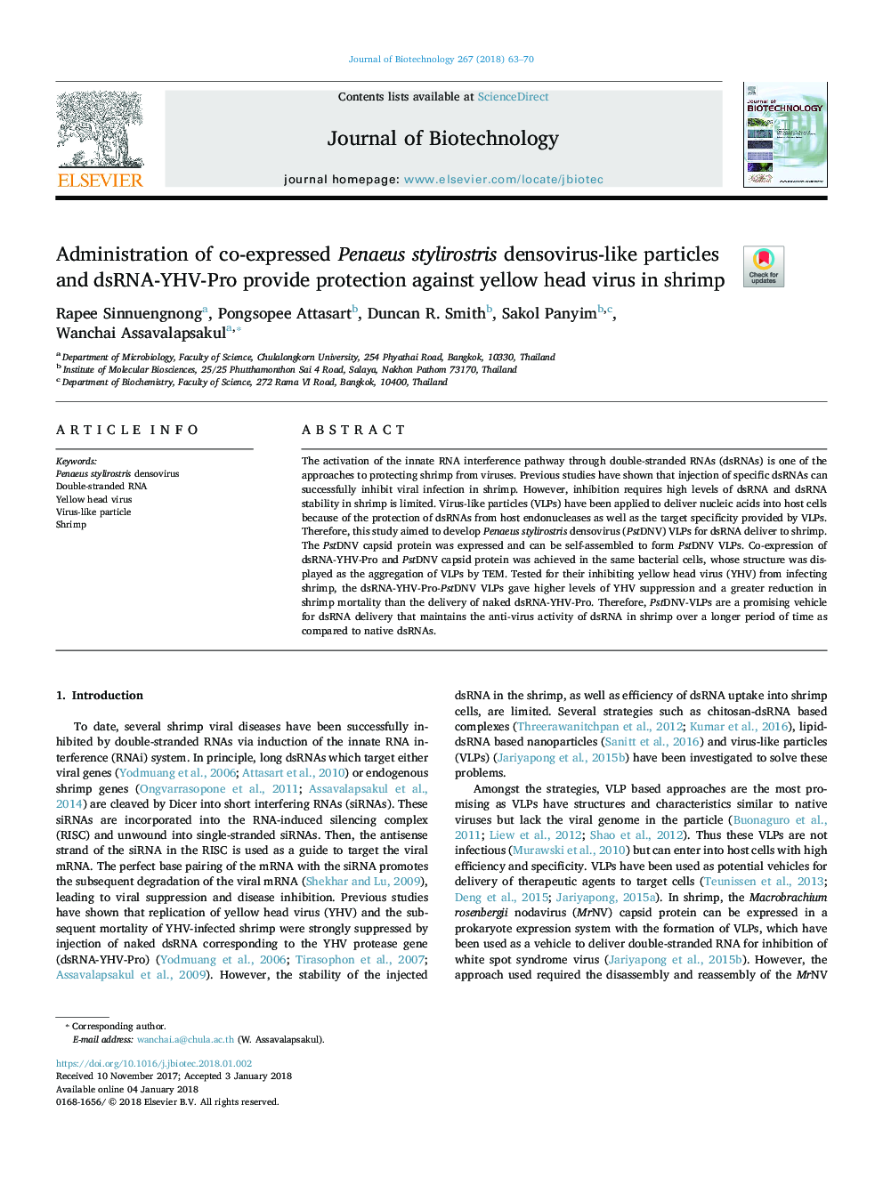 Administration of co-expressed Penaeus stylirostris densovirus-like particles and dsRNA-YHV-Pro provide protection against yellow head virus in shrimp