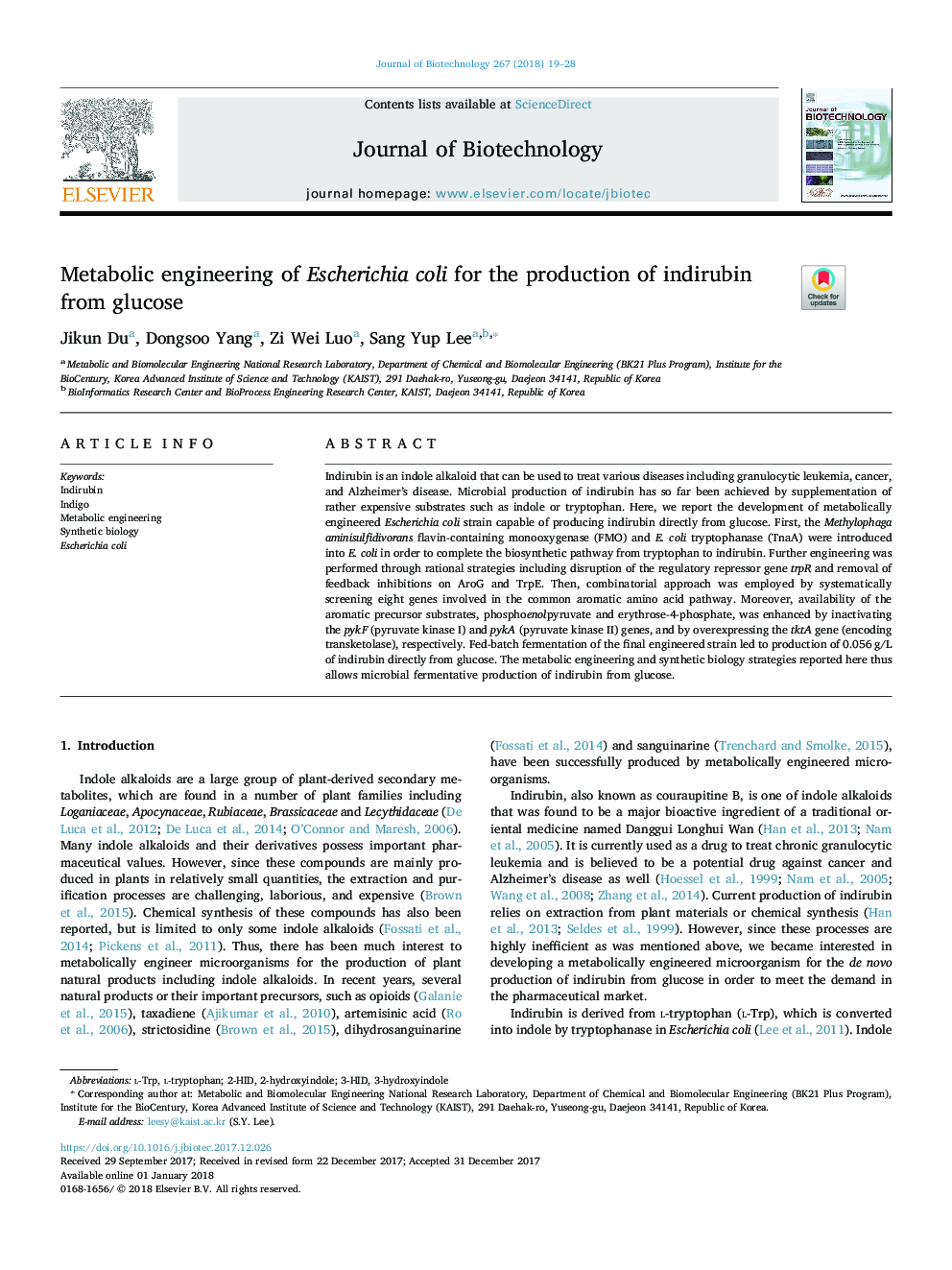 Metabolic engineering of Escherichia coli for the production of indirubin from glucose