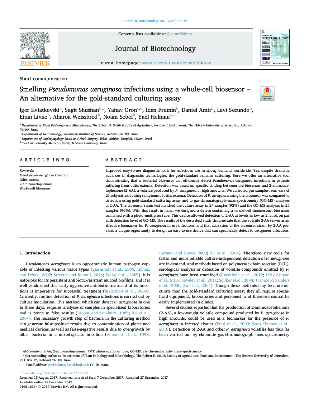 Smelling Pseudomonas aeruginosa infections using a whole-cell biosensor - An alternative for the gold-standard culturing assay