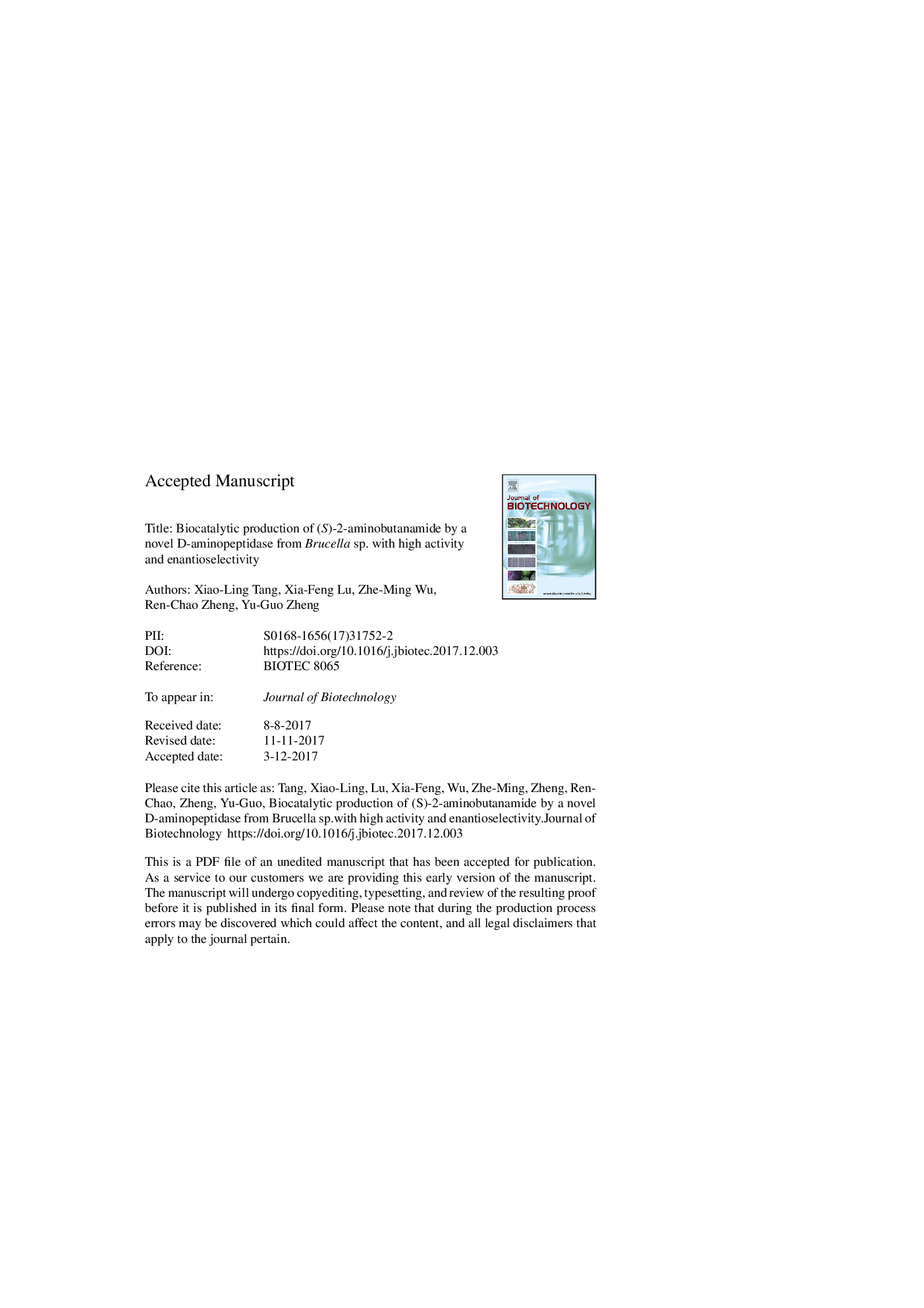 Biocatalytic production of (S)-2-aminobutanamide by a novel d-aminopeptidase from Brucella sp. with high activity and enantioselectivity