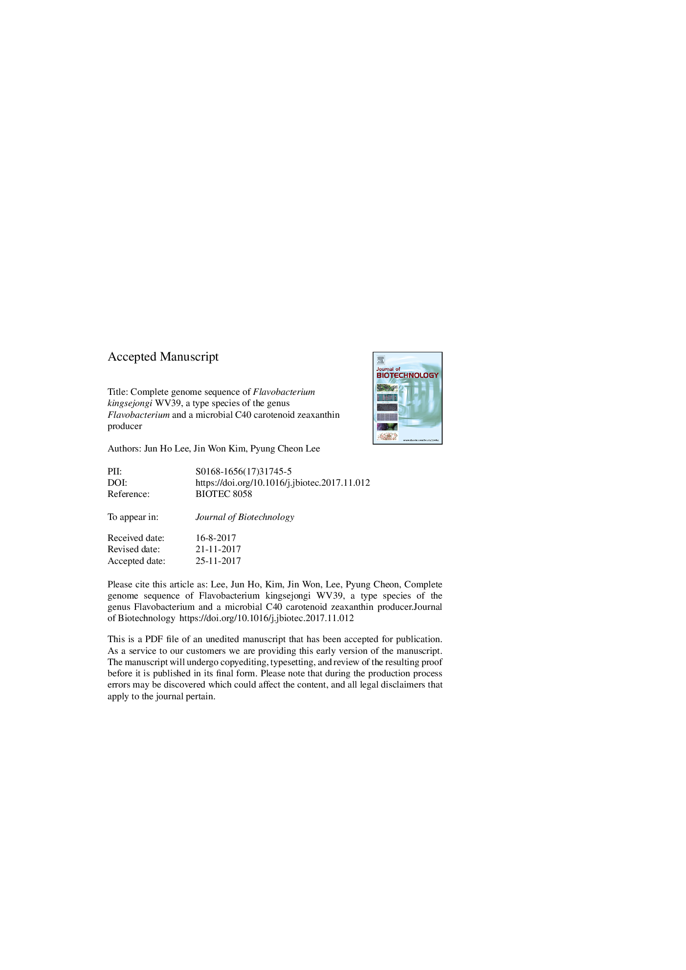 Complete genome sequence of Flavobacterium kingsejongi WV39, a type species of the genus Flavobacterium and a microbial C40 carotenoid zeaxanthin producer