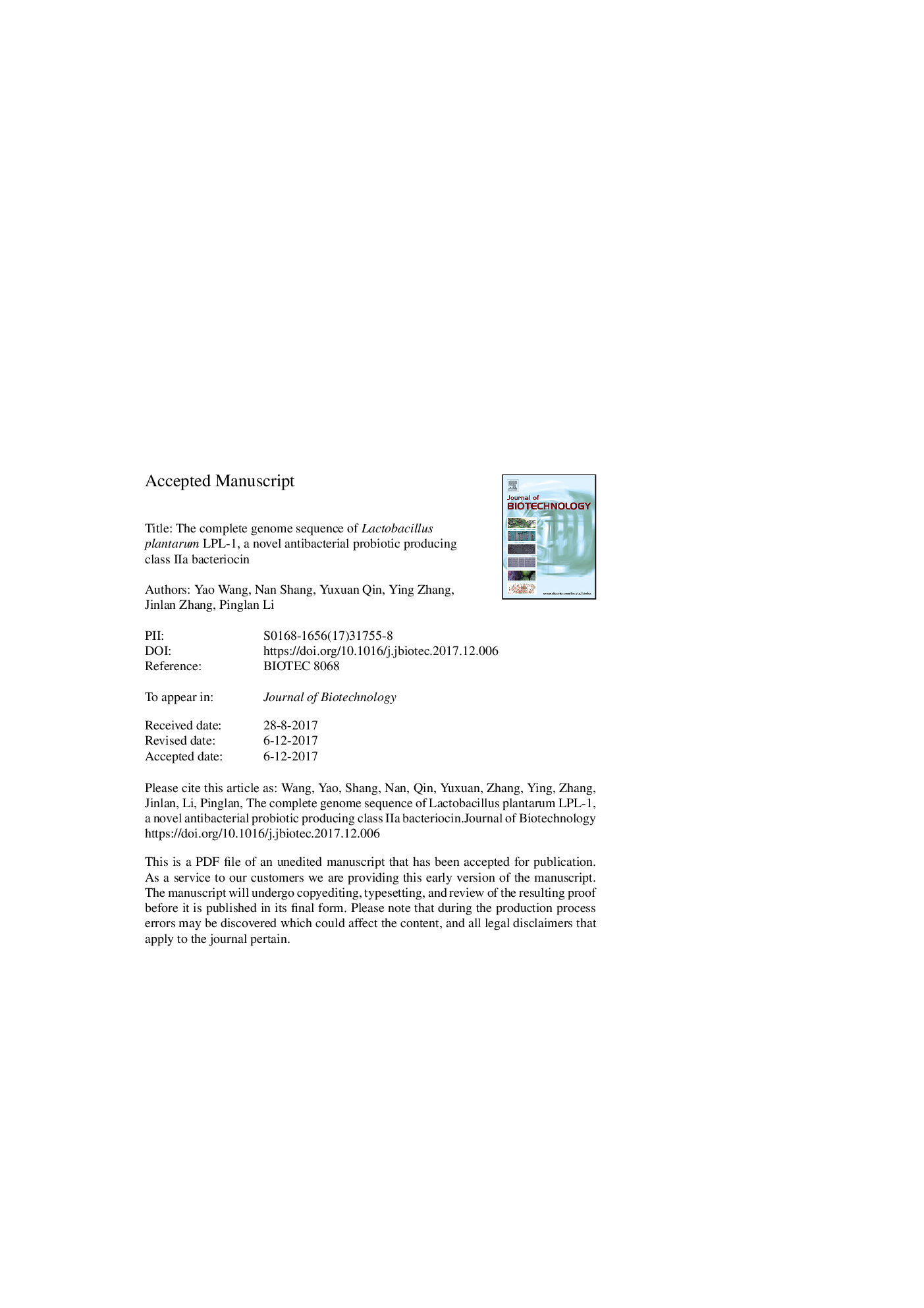 The complete genome sequence of Lactobacillus plantarum LPL-1, a novel antibacterial probiotic producing class IIa bacteriocin