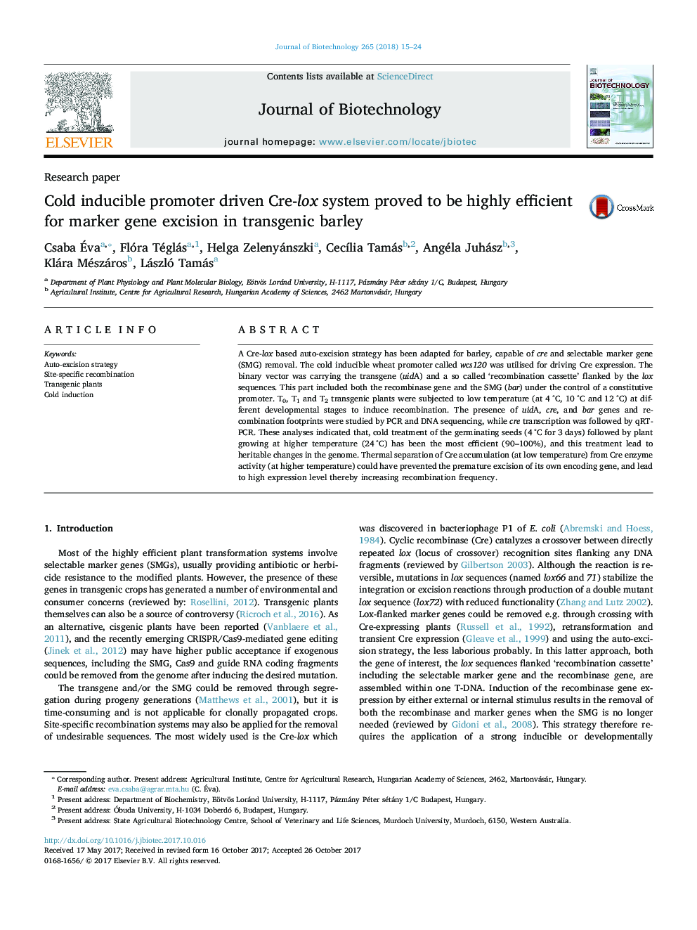 Cold inducible promoter driven Cre-lox system proved to be highly efficient for marker gene excision in transgenic barley