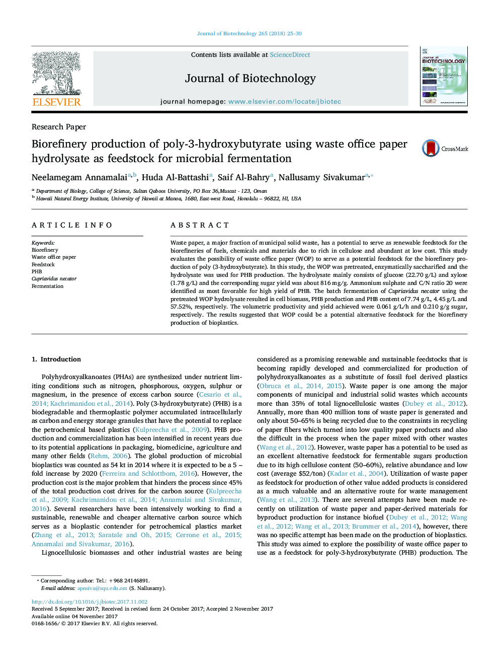 Biorefinery production of poly-3-hydroxybutyrate using waste office paper hydrolysate as feedstock for microbial fermentation