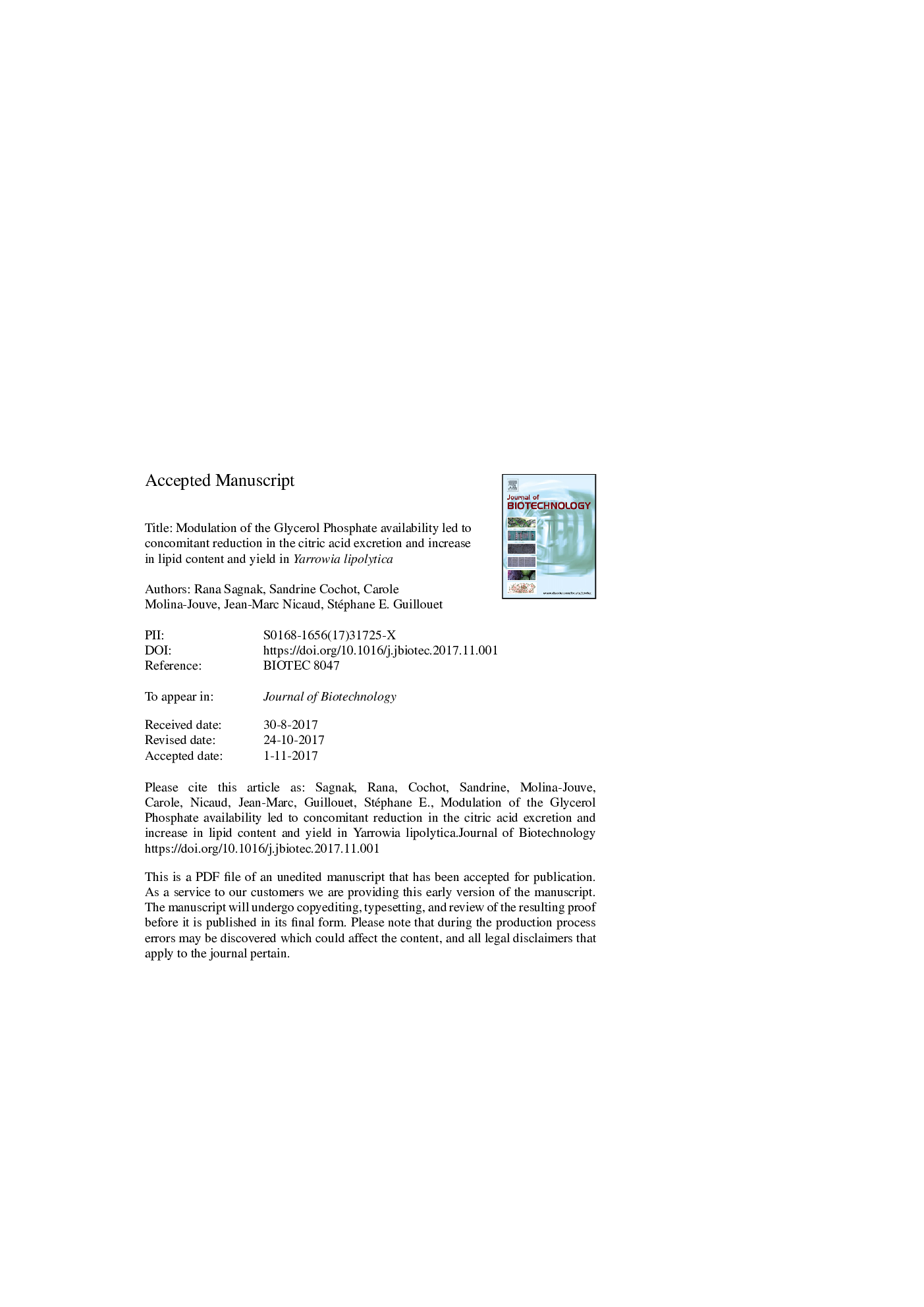 عکس صفحه اول مقاله: Modulation of the Glycerol Phosphate availability led to concomitant reduction in the citric acid excretion and increase in lipid content and yield in Yarrowia lipolytica Modulation of the Glycerol Phosphate availability led to concomitant reduction in the citric acid excretion and increase in lipid content and yield in Yarrowia lipolytica
