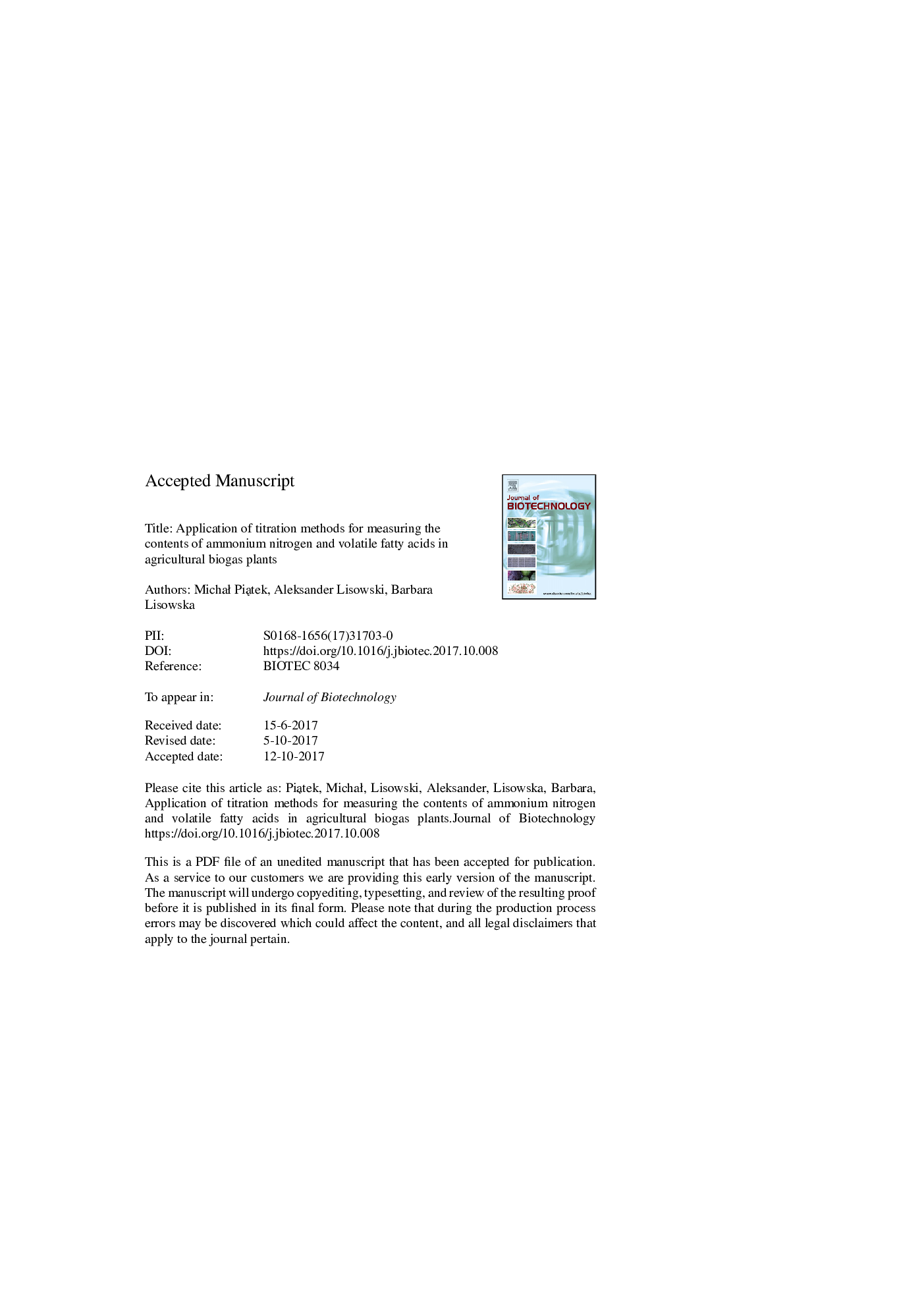 Application of titration methods for measuring the contents of ammonium nitrogen and volatile fatty acids in agricultural biogas plants