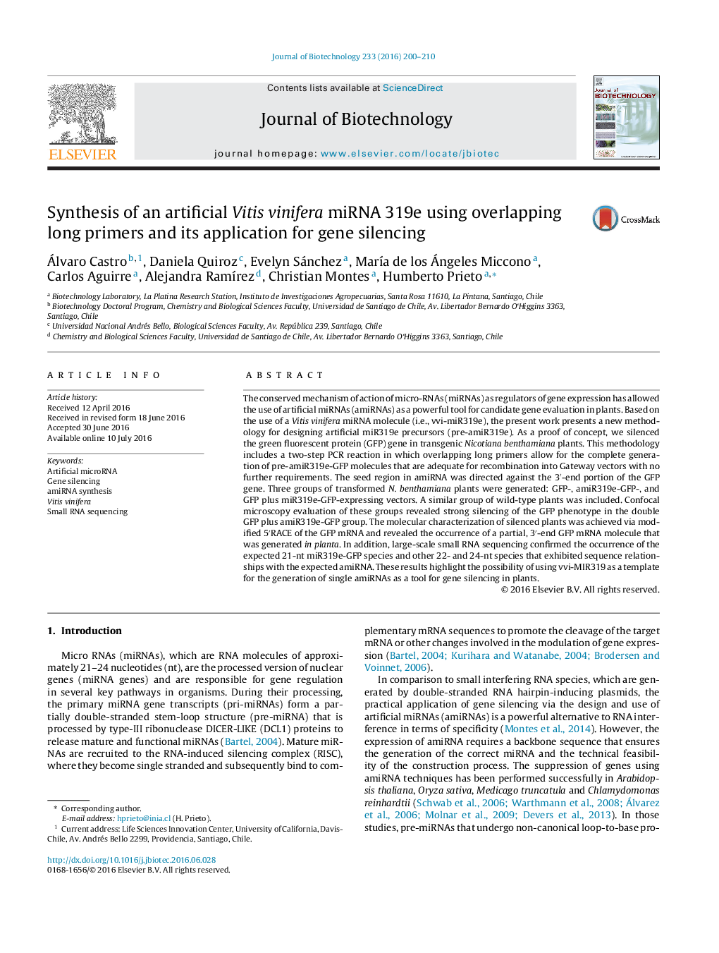 Synthesis of an artificial Vitis vinifera miRNA 319e using overlapping long primers and its application for gene silencing